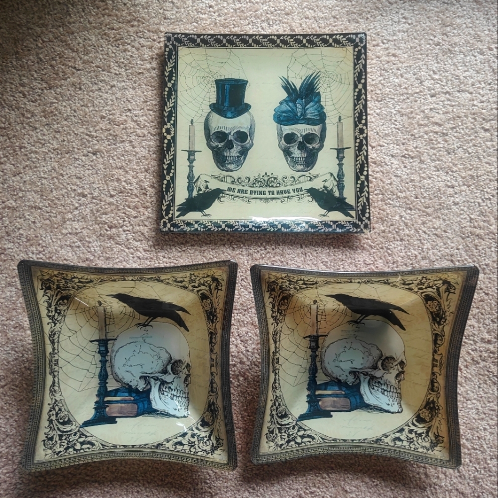 Halloween Spooky Skull and Crow Platter and Two Serving Bowls